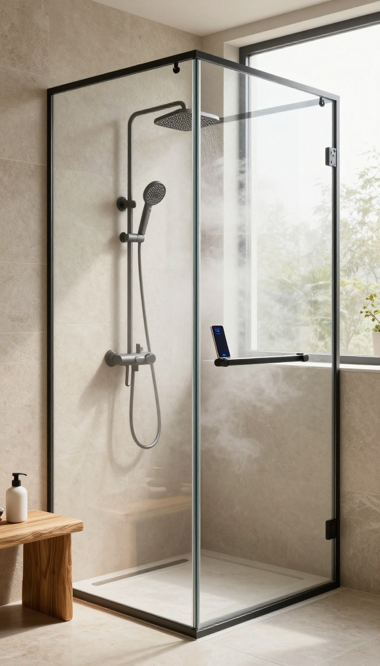 Modern steam shower with smart digital controls and soft steam, featuring a sleek touchscreen panel and natural stone interior.