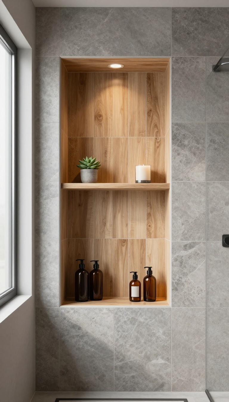 Custom shower niche with wood-look tile, small plant, and candle, adding warm personal detail to a modern bathroom.