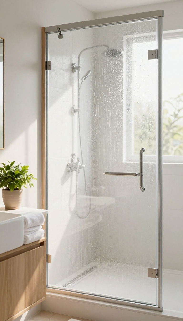 Bathroom with frosted film on shower door in a rain pattern, warm decor, natural light.