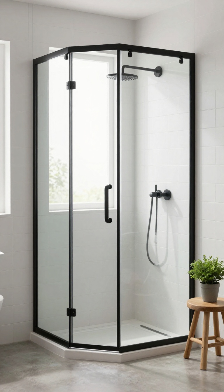 Modern shower enclosure with matte black fixtures and white subway tiles