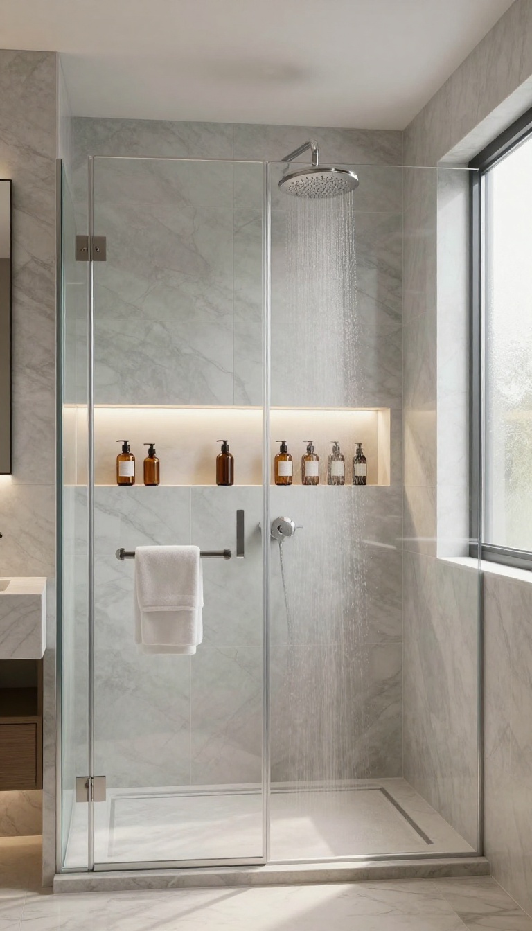 Large walk-in shower with a recessed niche for storage and style, featuring backlit shelves and neatly arranged bottles.