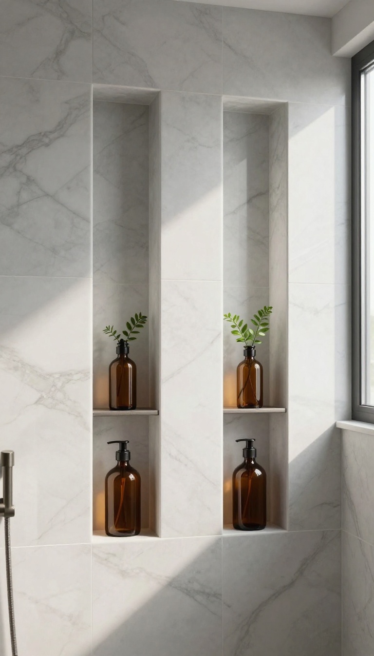 Double shower niche with center divider in a marble bathroom