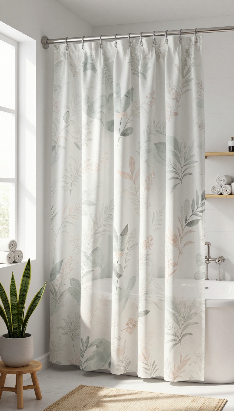 Black shower curtain with subtle botanical prints in a bright, natural-light bathroom with wooden accents and a plant