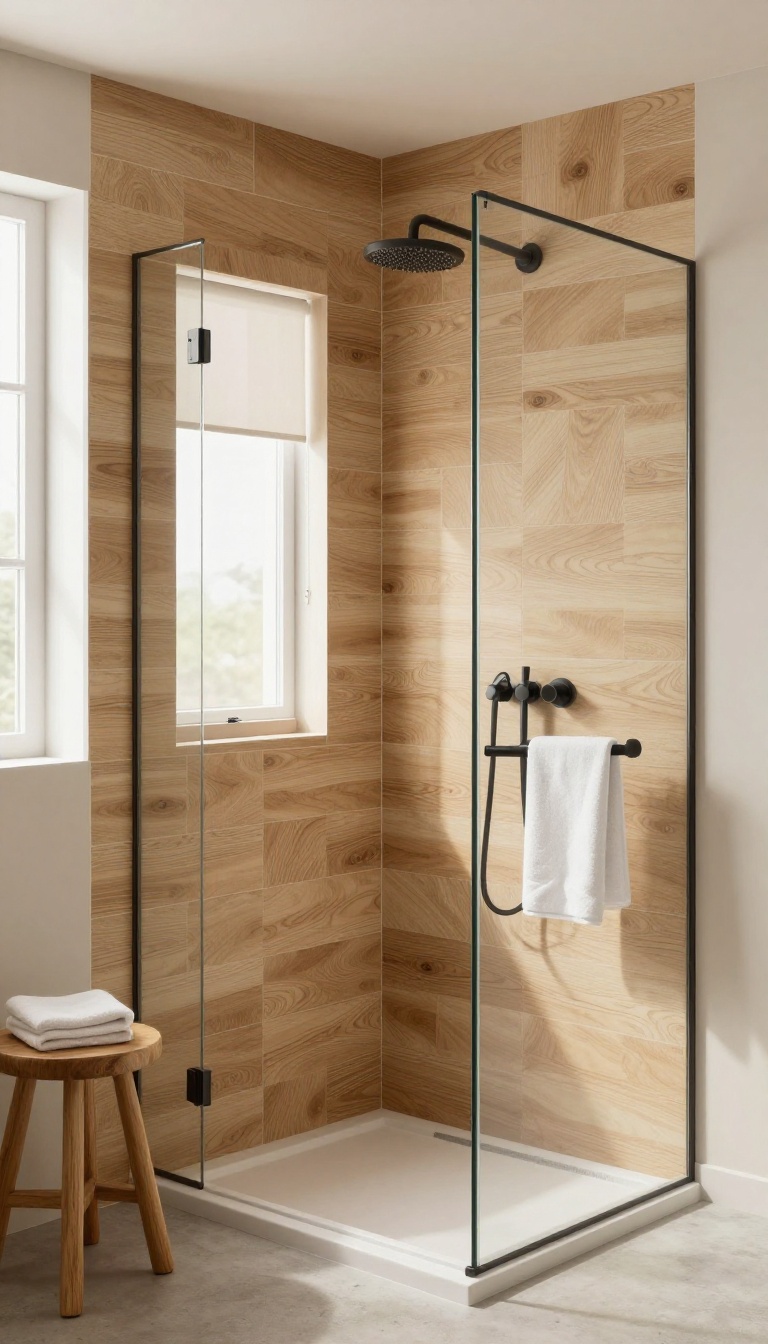 Corner walk-in shower with wood-look tile, matte black fixtures, and natural light