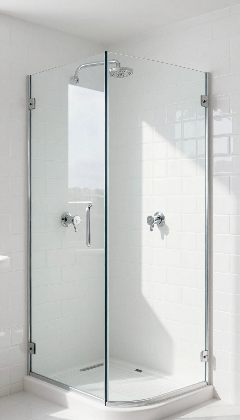 Glossy white subway tiles with bright grout in a bright, polished bathroom shower
