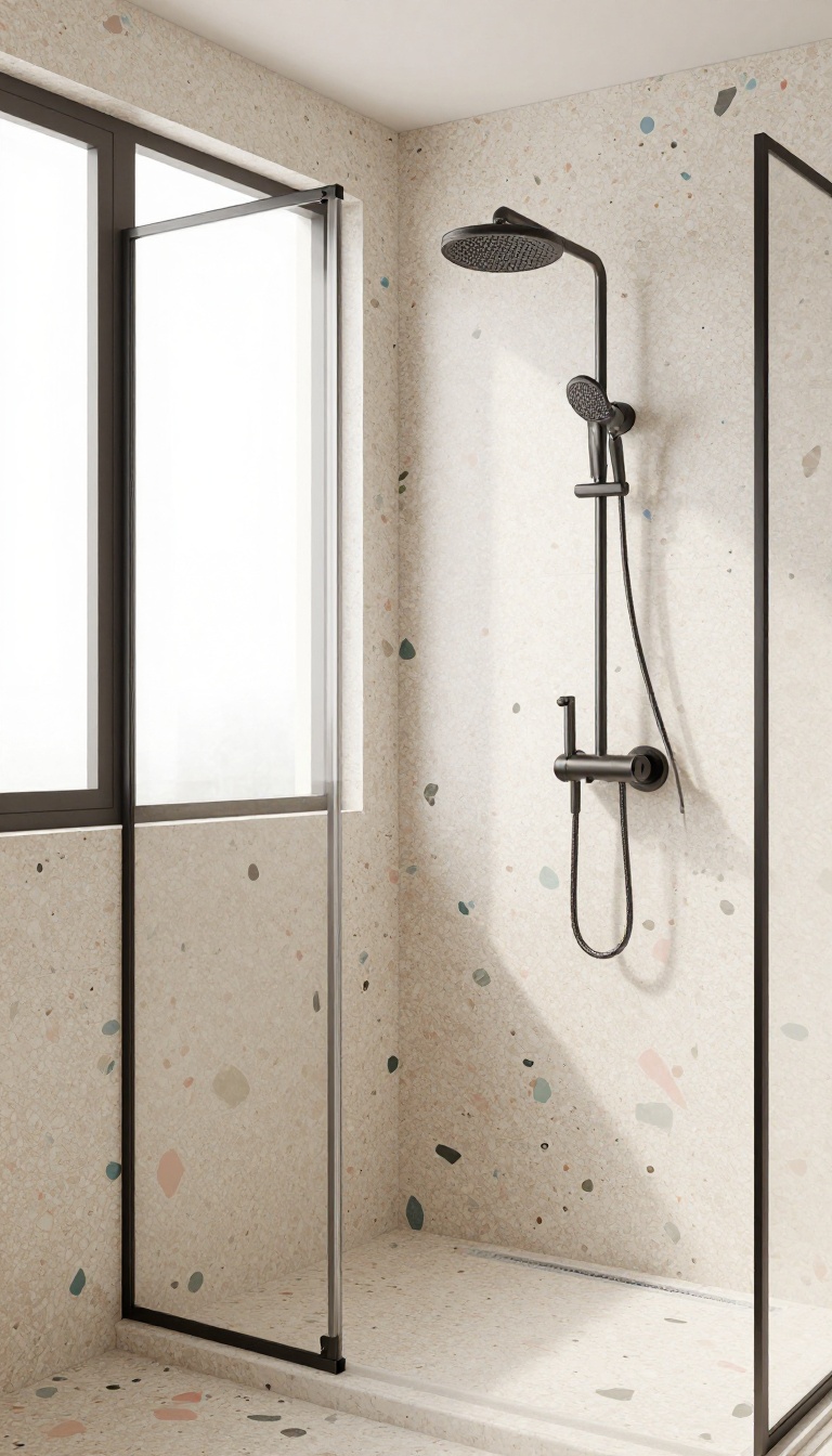 Modern shower with terrazzo tile walls in pastel colors, bright natural light, and matte black fixtures.