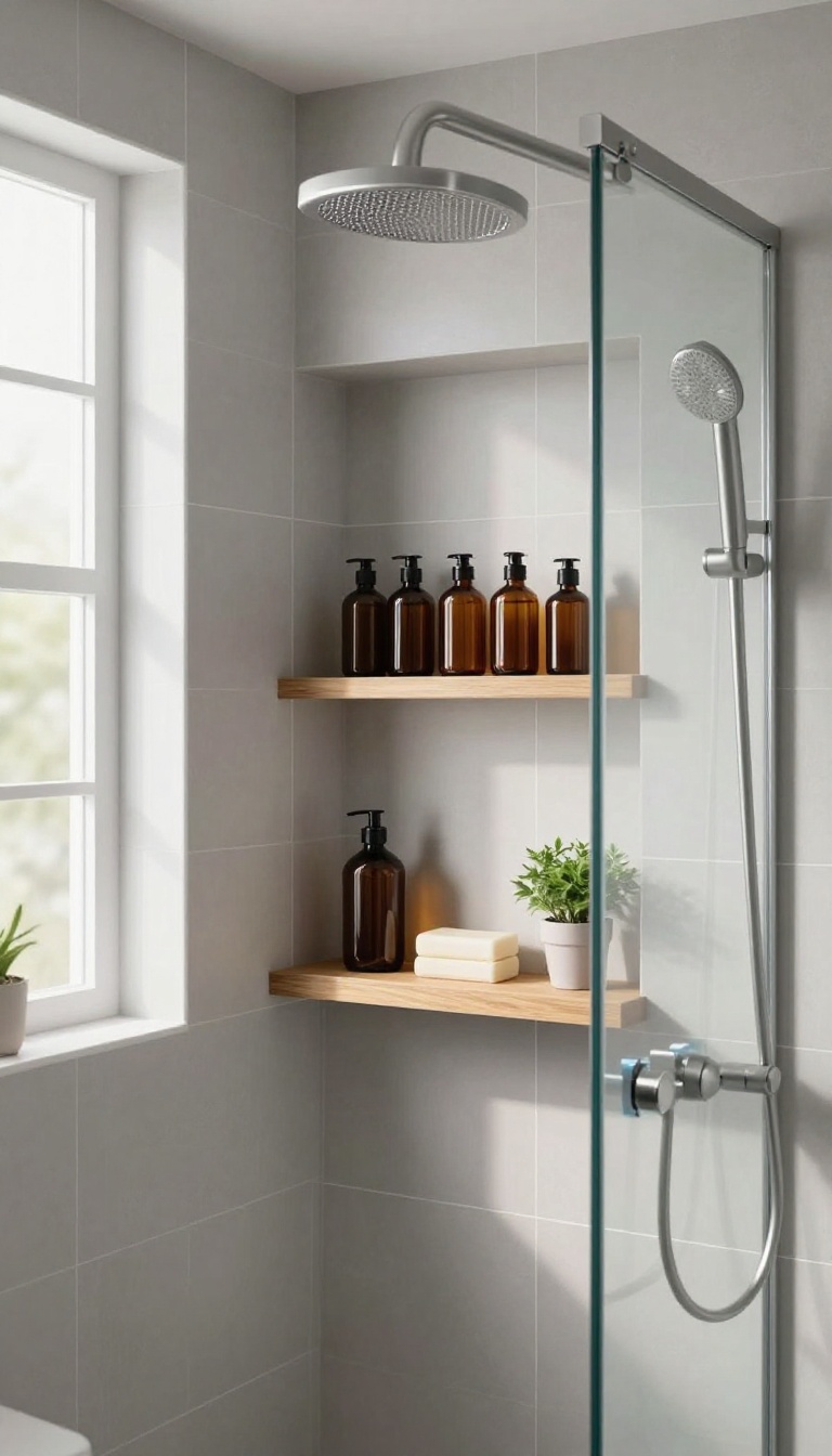 Modern shower with a recessed niche and floating teak shelf holding toiletries and a plant