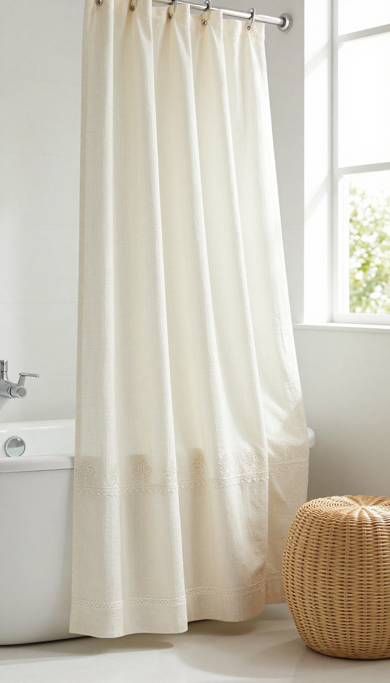 Embroidered shower curtain with floral border in a bright, natural bathroom