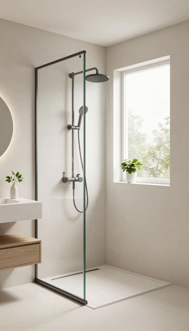 Curbless corner walk-in shower with seamless tile floor and frameless glass panel in a bright modern bathroom