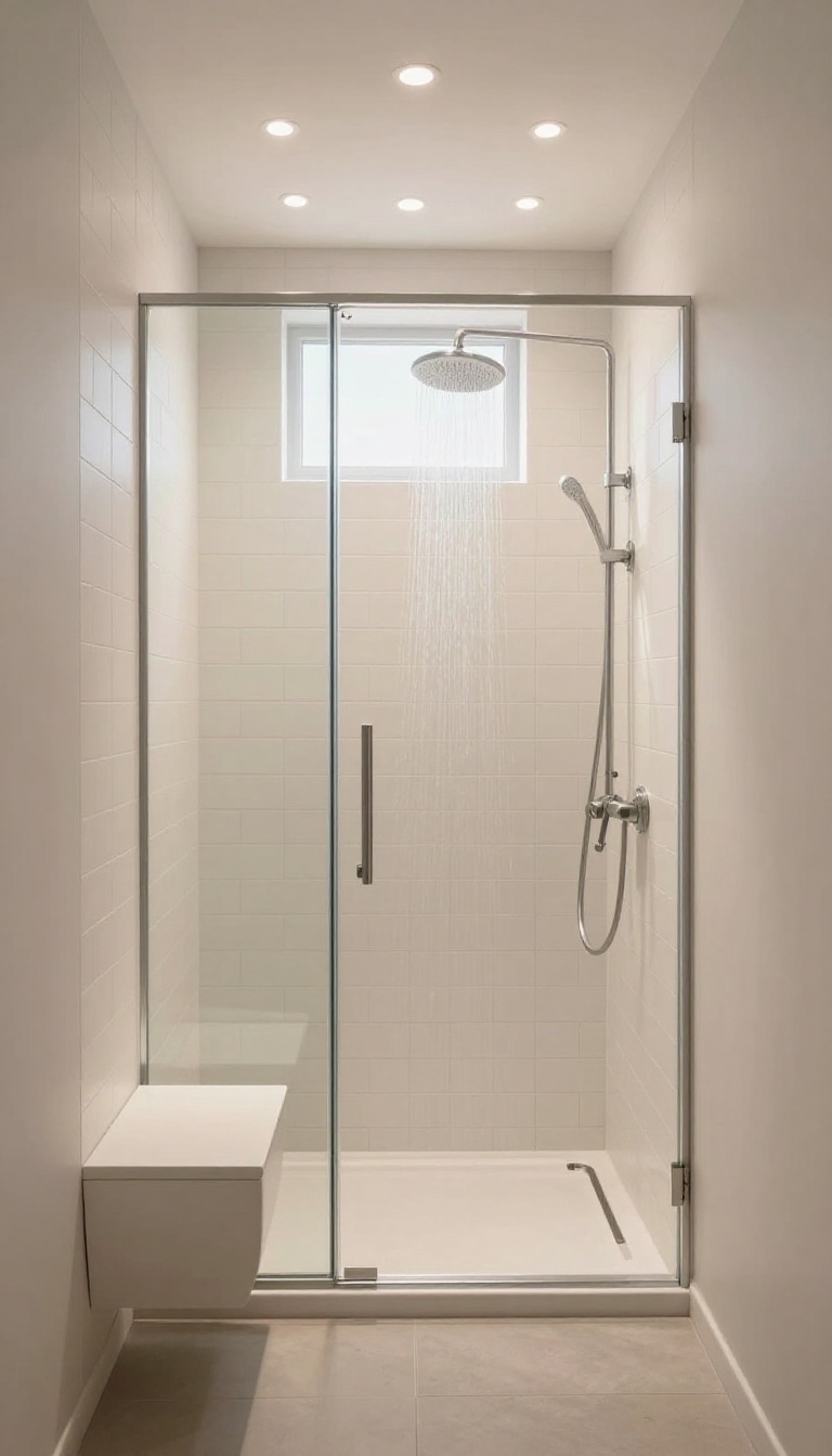 Small bathroom with skylight and recessed lighting above a walk-in shower