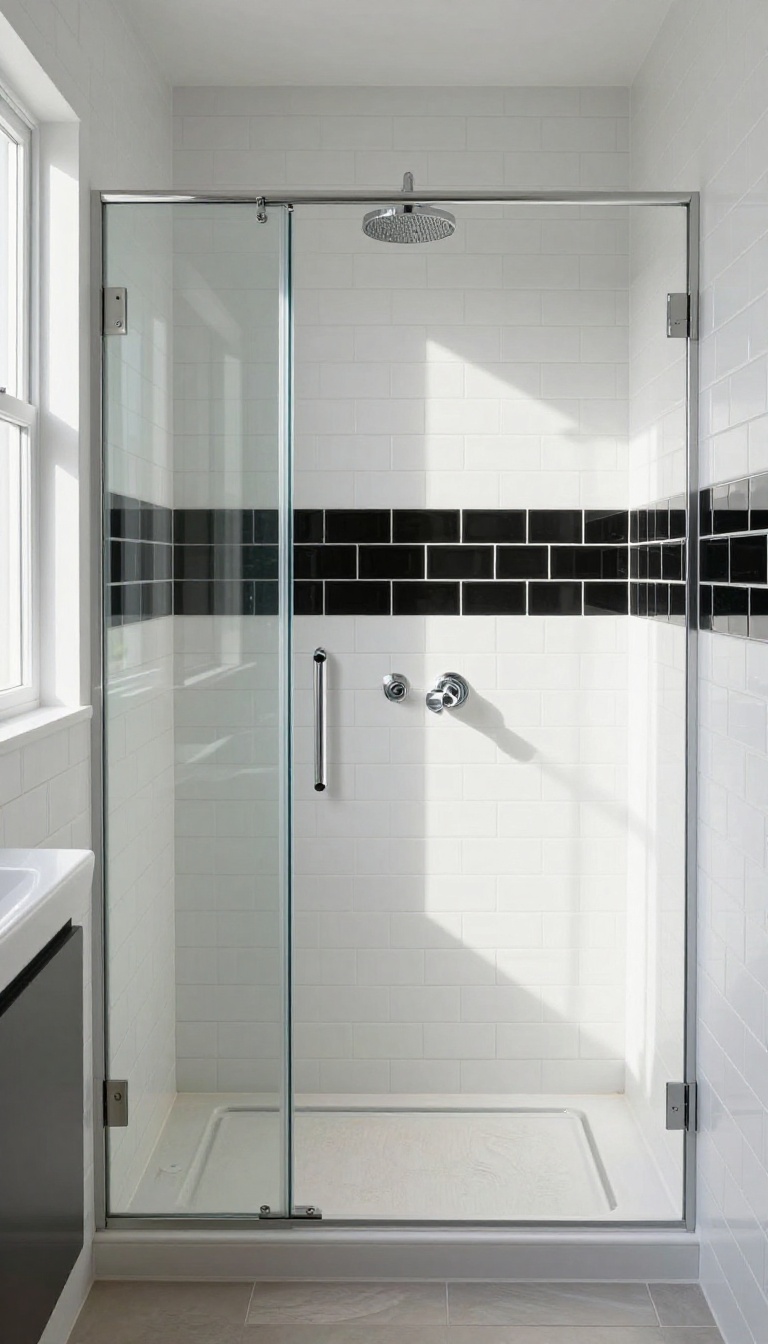Modern shower with white subway tiles and a bold black horizontal stripe accent