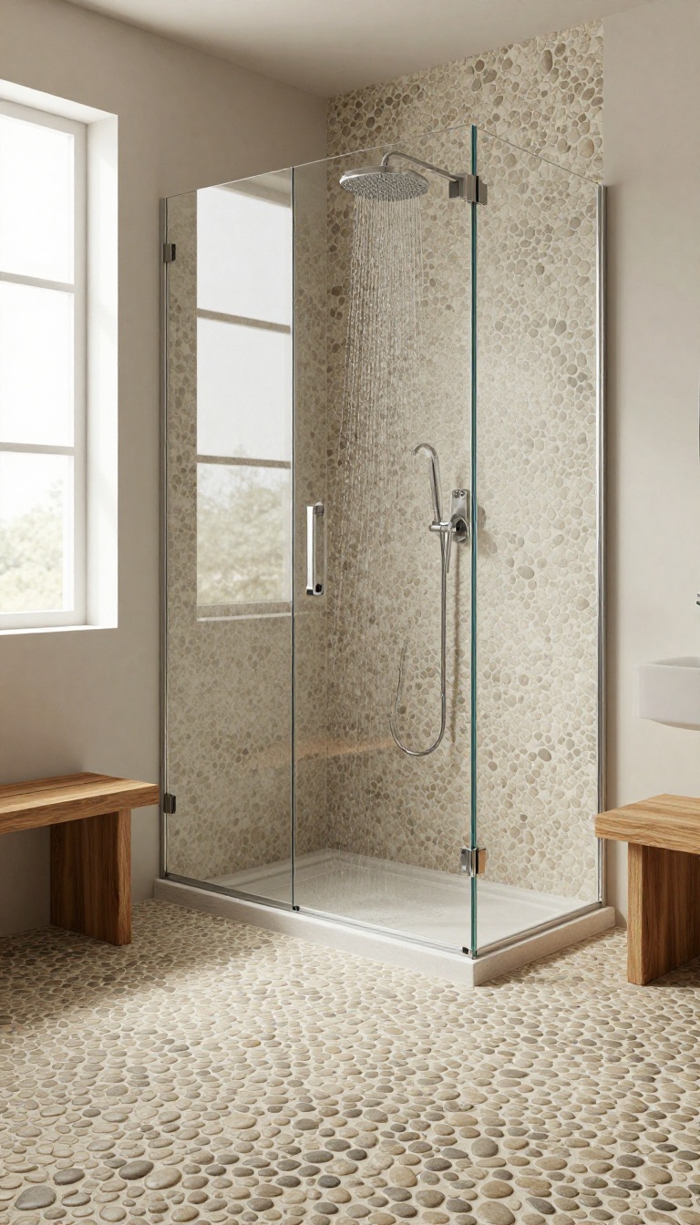 No-door walk-in shower with pebble tile flooring and rainfall showerhead in a warm, inviting bathroom