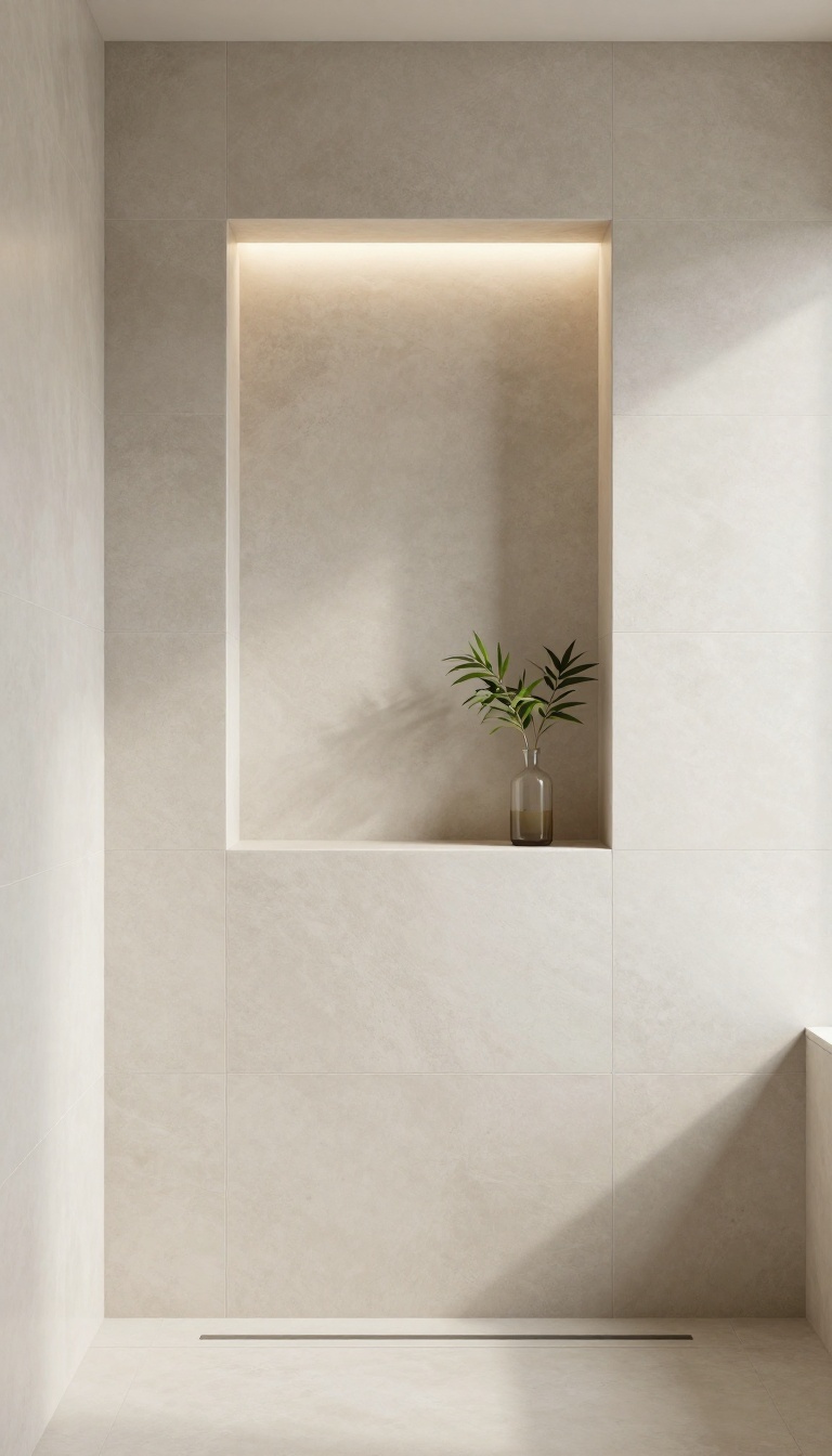Modern shower niche with large-format tiles and minimal grout lines in a bright bathroom.