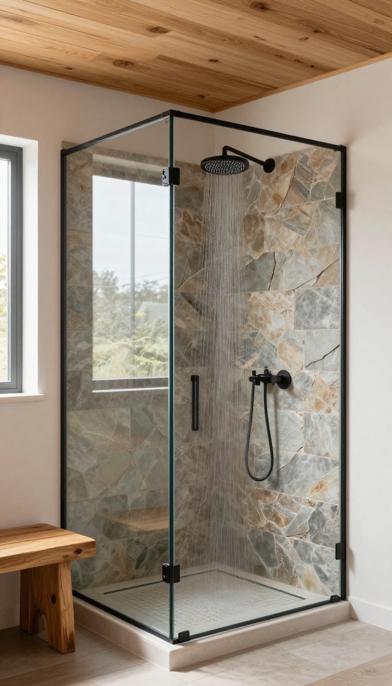 Cabin shower with natural stone accent wall, wooden bench, and rainfall showerhead in bright natural light