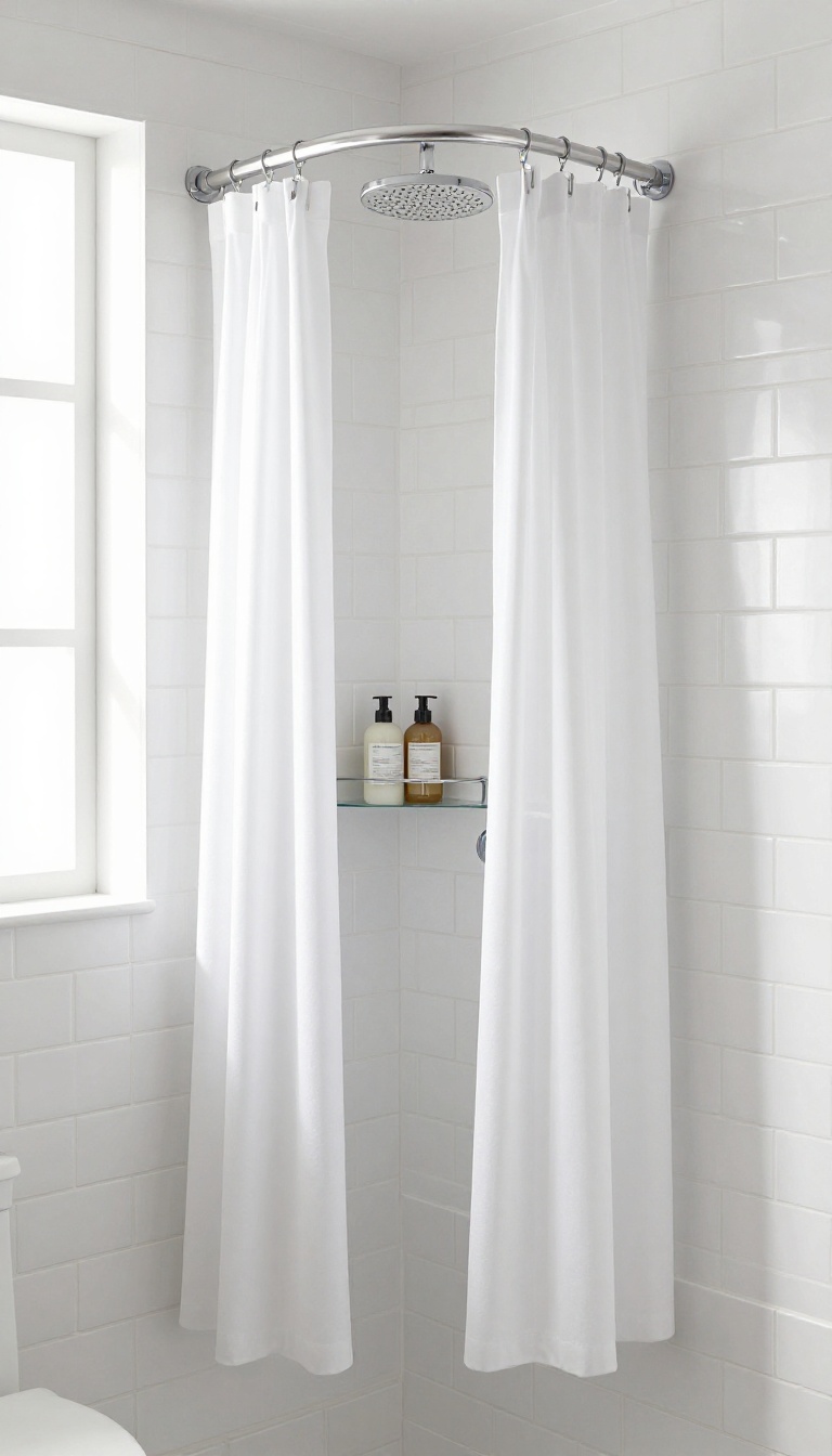 Curved shower rod in a small bathroom creating extra elbow room