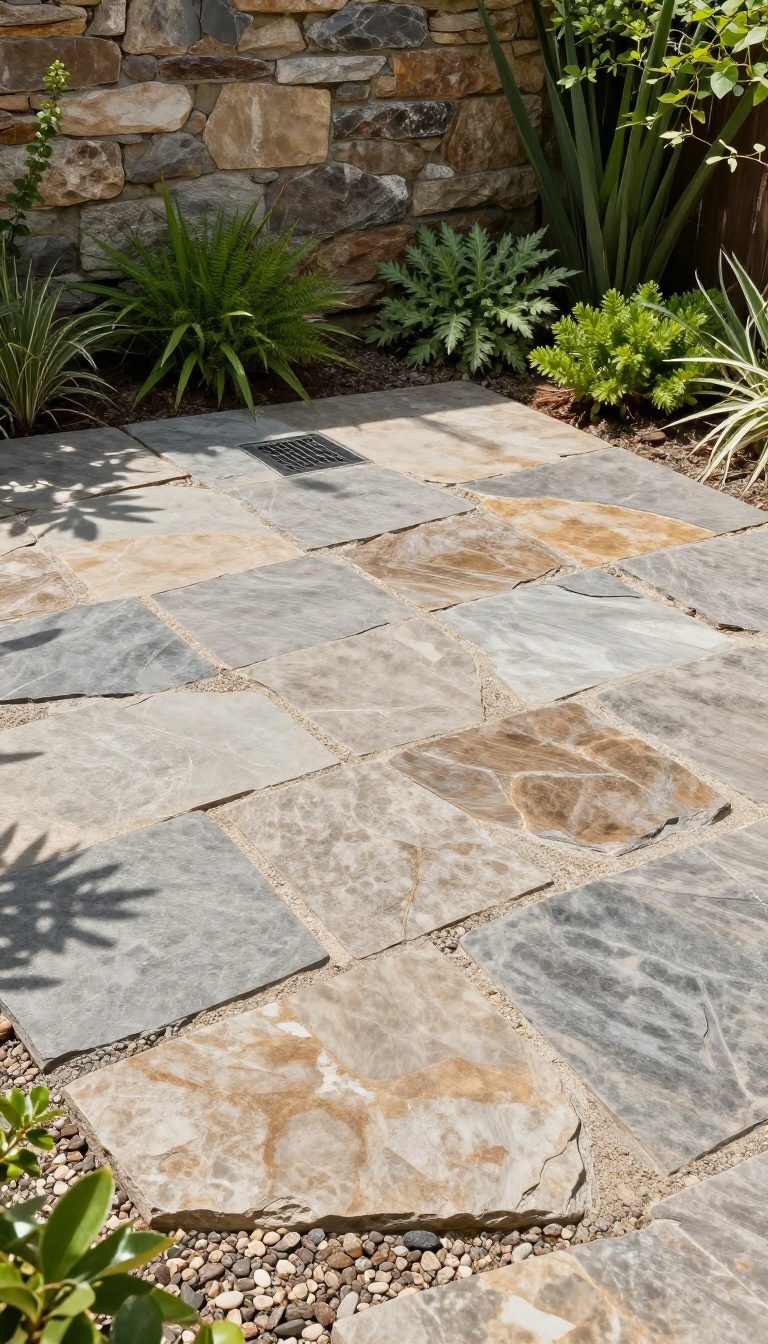 Natural flagstone outdoor shower floor with gravel gaps, surrounded by garden greenery and stone wall