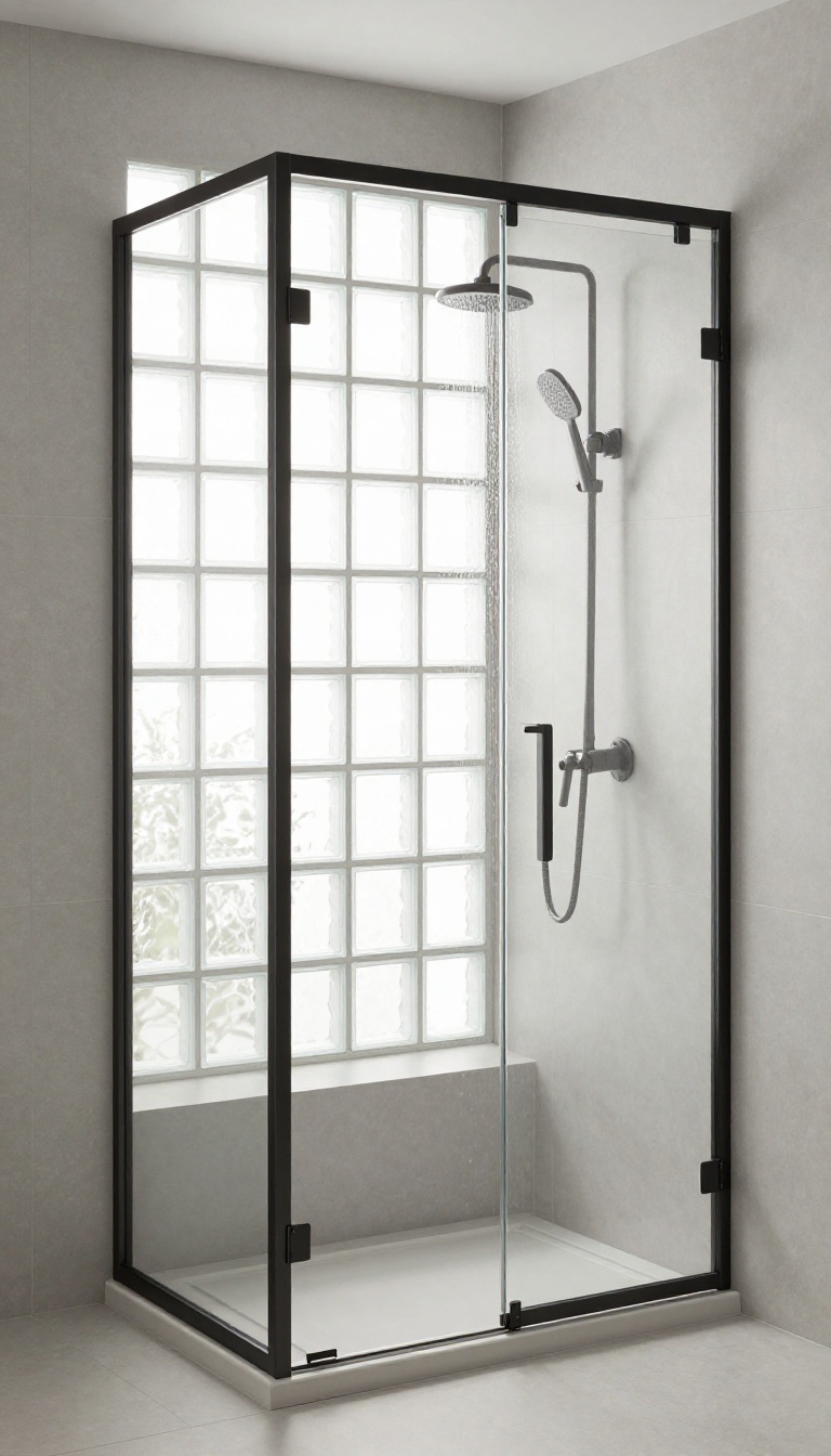 Modern shower stall with glass block window for privacy and natural light
