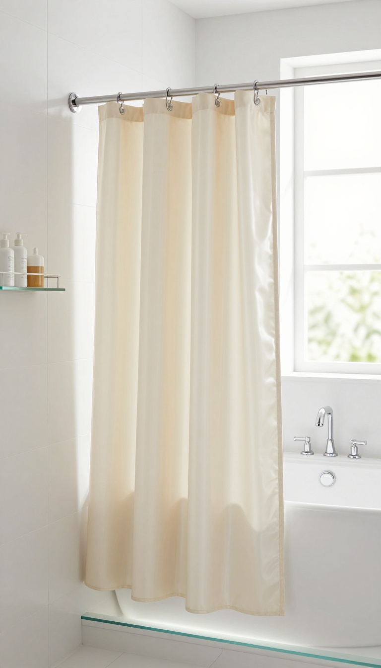 High-gloss ivory fabric shower curtain in a bright, modern bathroom with chrome fixtures, reflecting light for a sleek, polished look.