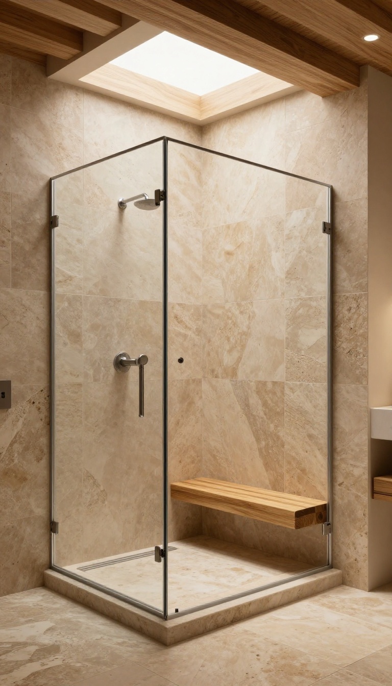 Curbless walk-in shower with natural stone tiles, teak bench, and warm lighting
