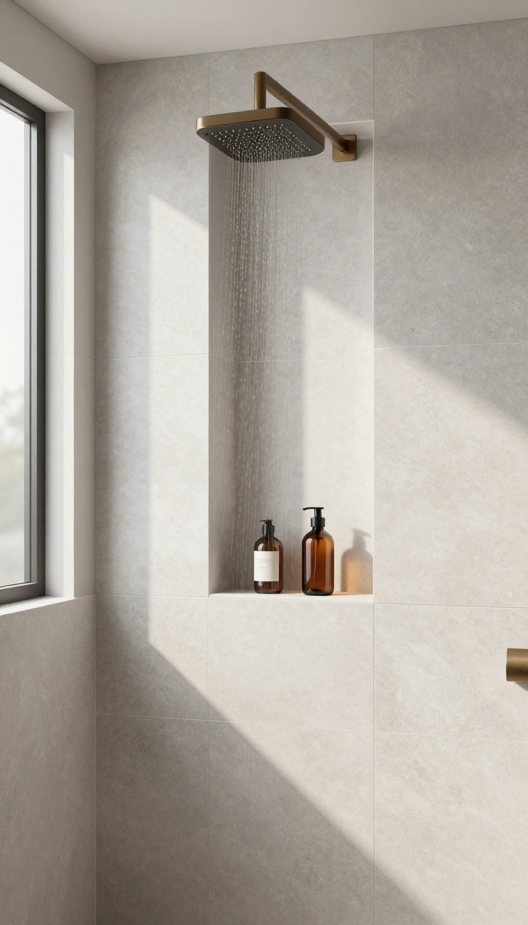 Modern bathroom with rainfall shower and built-in tile niche holding shampoo bottles, bright natural light, minimalist design