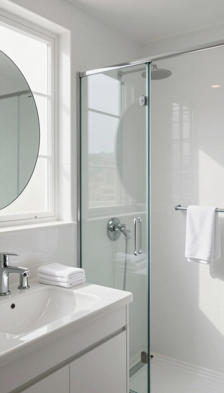 Small bathroom with glossy white tiles and polished chrome fixtures reflecting light