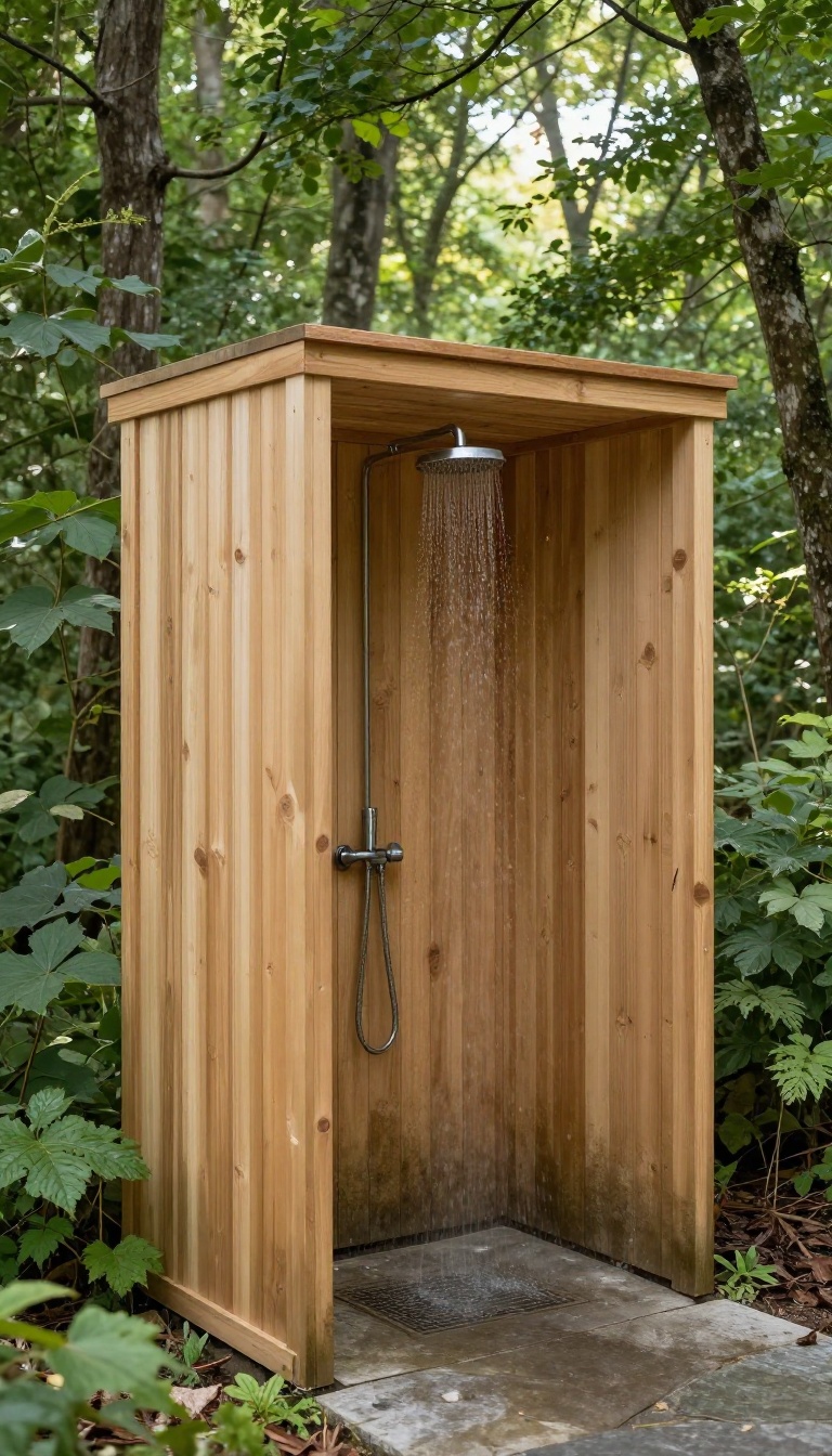 Outdoor shower with wooden privacy screen in a forest setting
