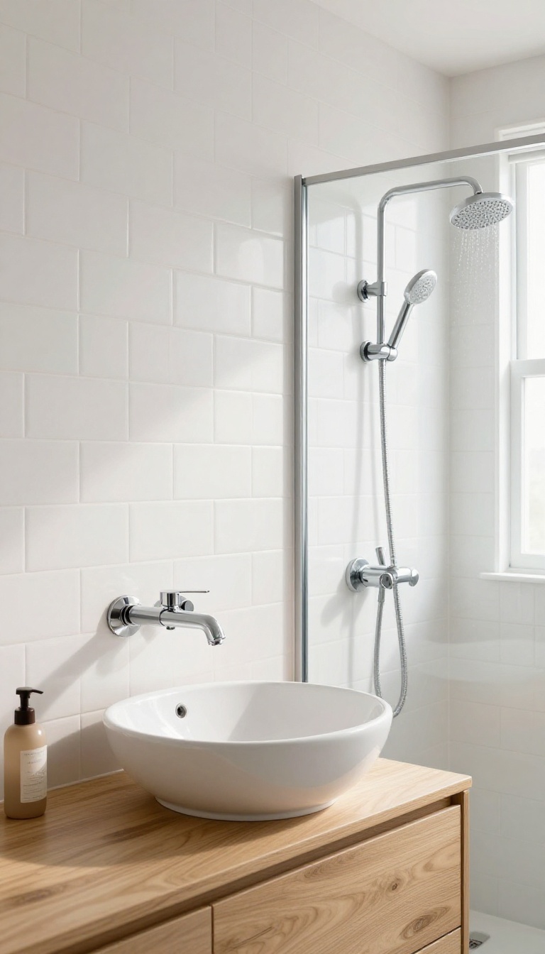 Small modern bathroom with wall-mounted faucet and handheld shower, clean and bright