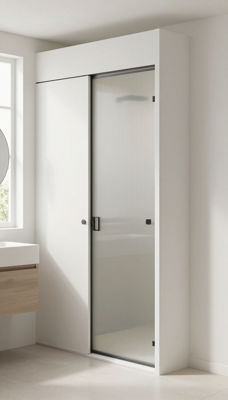 Small shower-only bathroom with a frosted glass pocket door, modern and bright