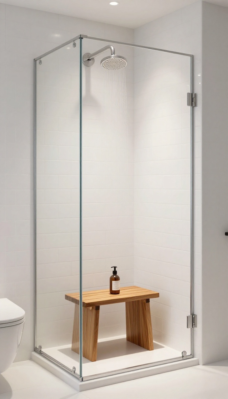 Modern shower with a fold-down teak wood seat, bright natural light, clean design