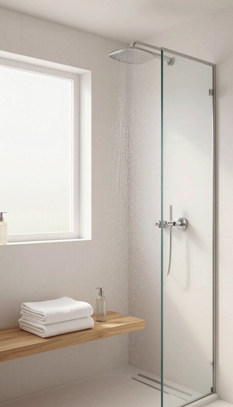 Floating teak bench inside a small walk-in shower with natural light and minimalist design.