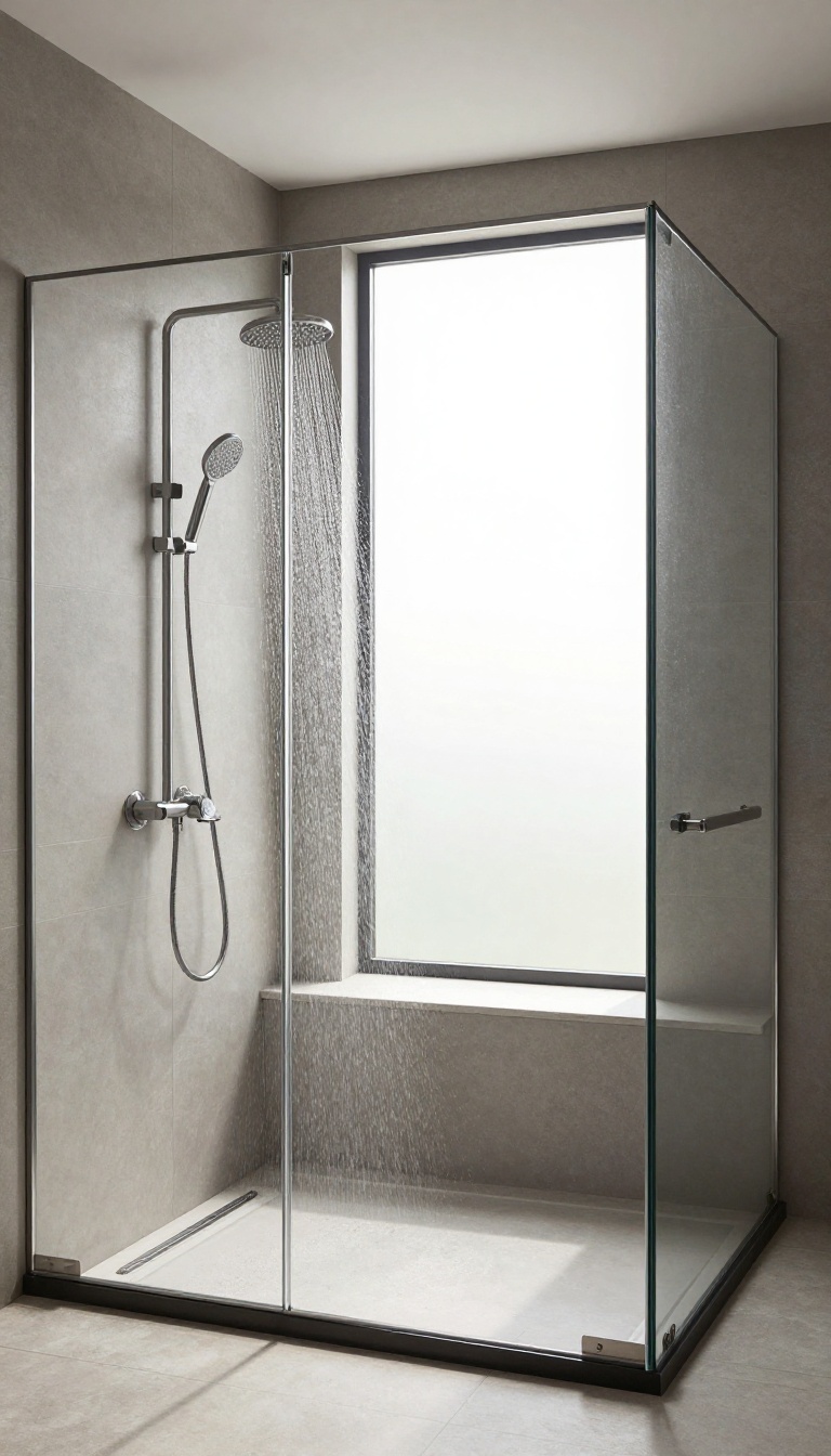 Modern walk-in shower with dual showerheads on opposite walls, one rain head and one handheld, in a bright tiled bathroom.