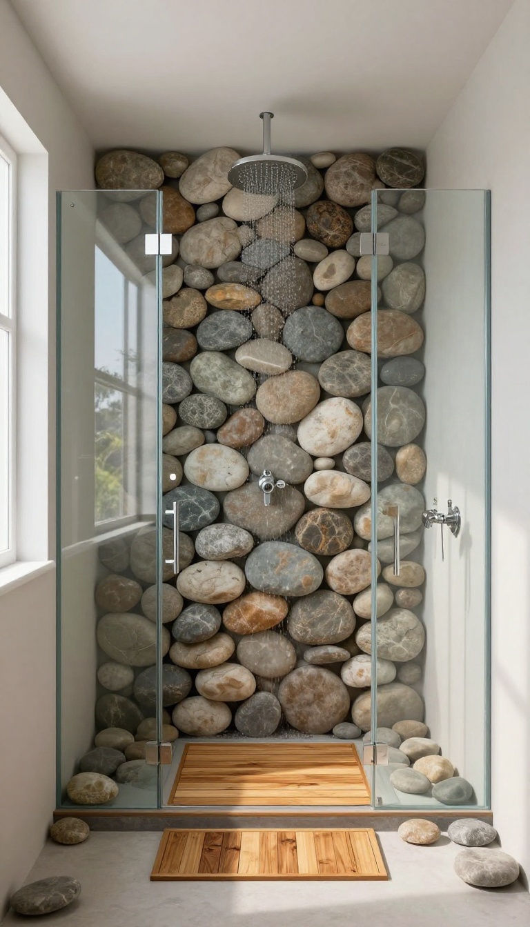River rock shower floor with a teak wood mat in a bright, spa-like bathroom