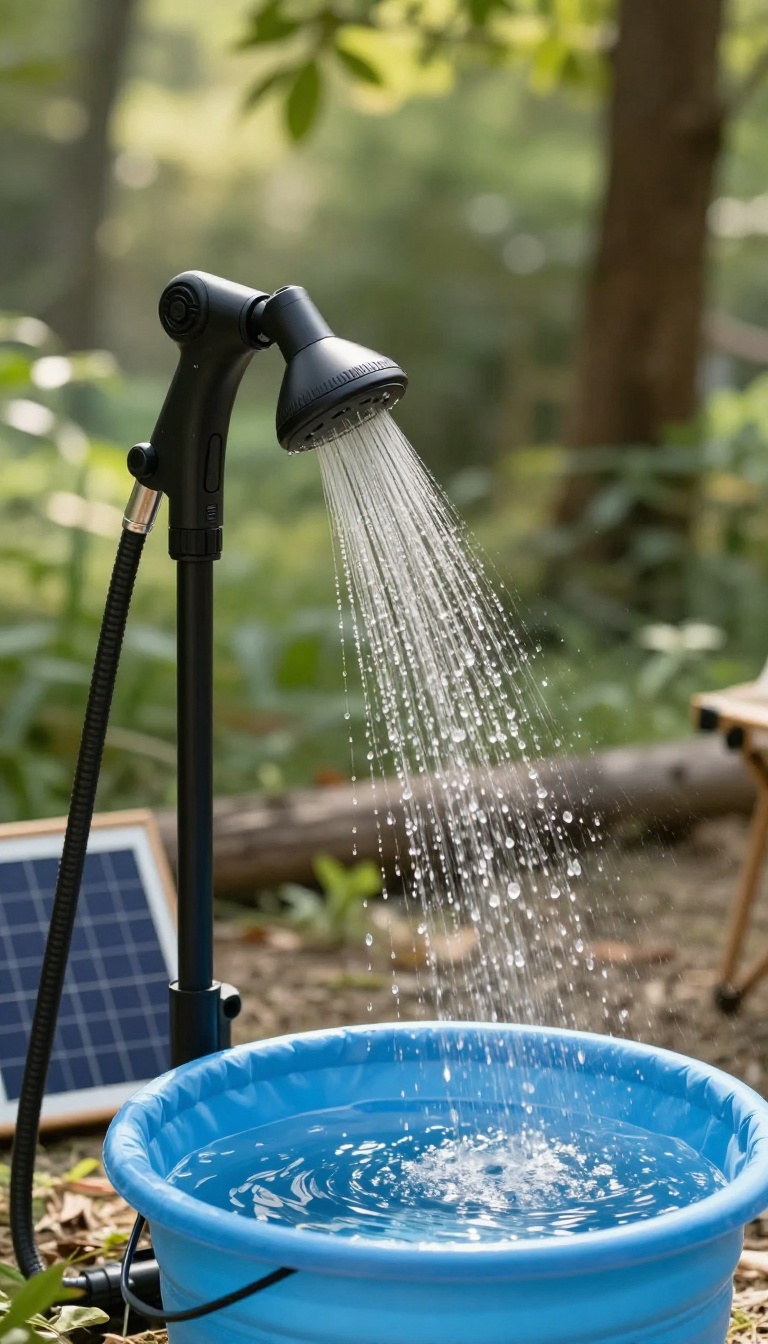 Solar-powered shower pump with bucket and solar panel at a campsite, spraying water in sunlight.