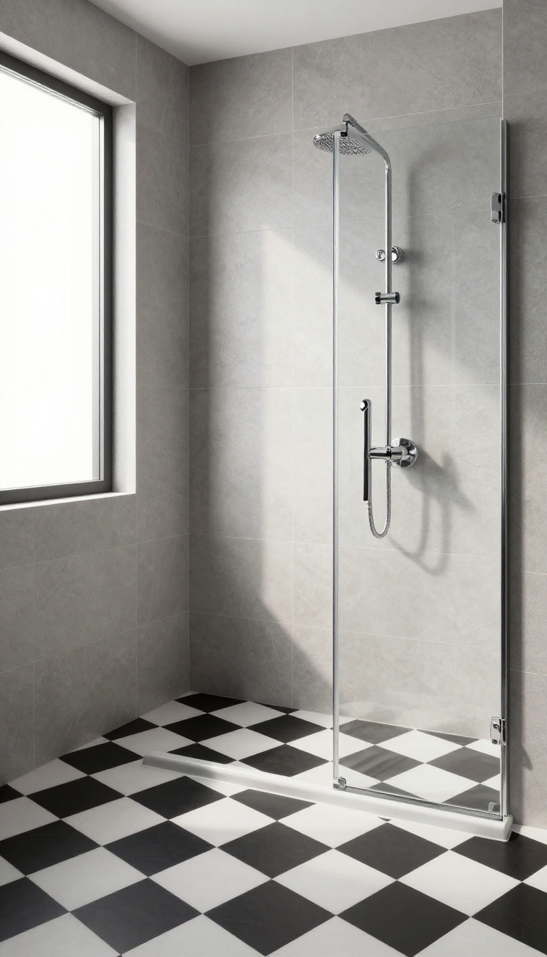 Modern shower with black and white checkerboard tile floor and light gray walls