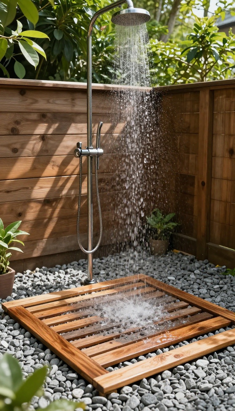 Outdoor shower with teak wood grate over gravel base in a natural setting