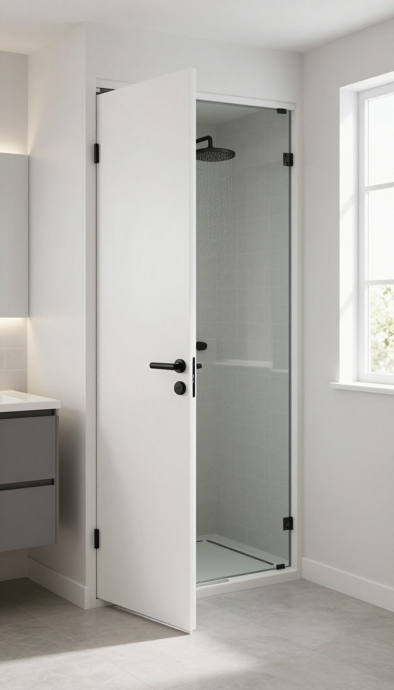 Modern bathroom with a sliding pocket door that saves space, featuring a glass shower and natural light.