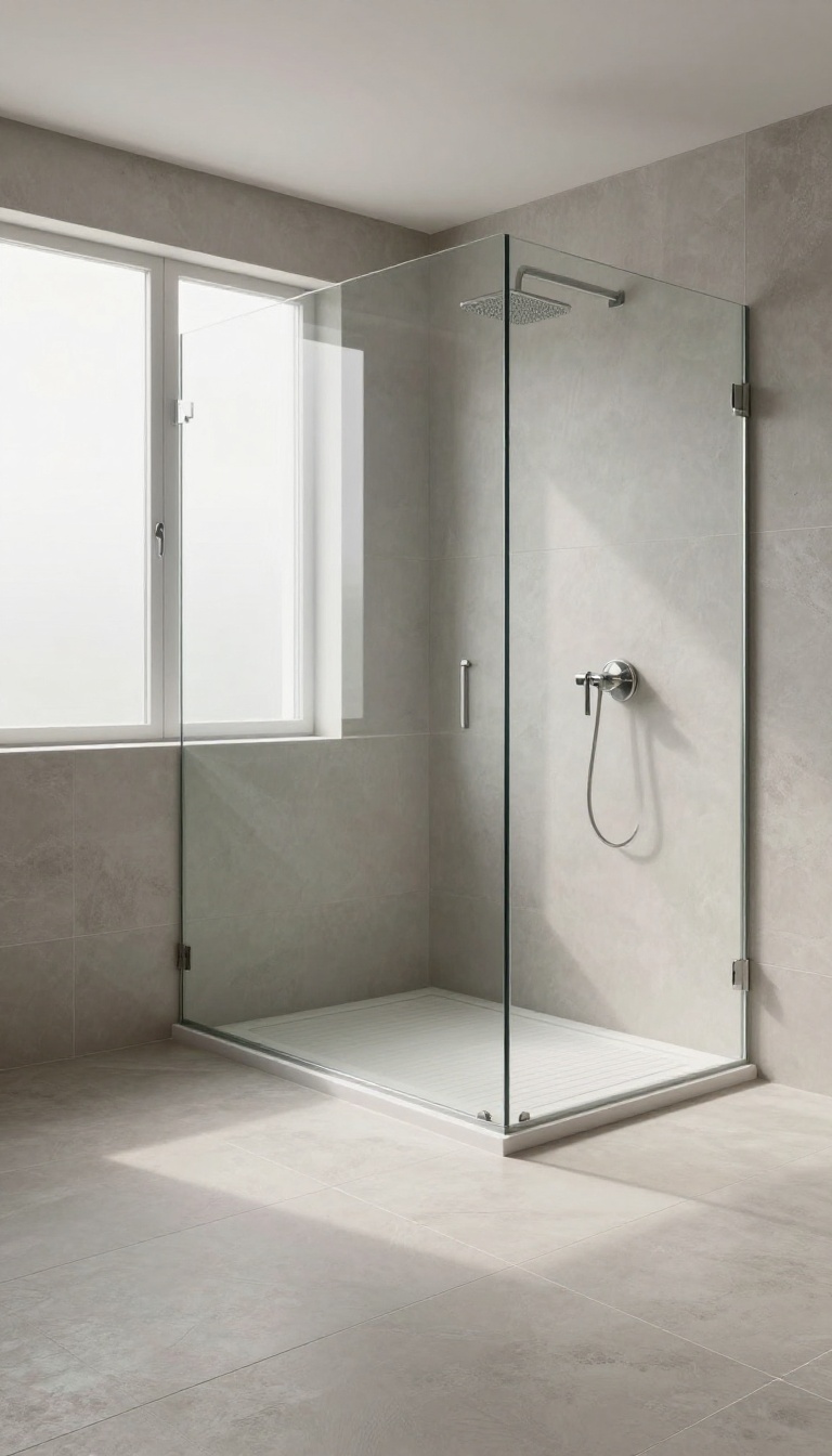 Modern bathroom shower floor with large-format porcelain slabs, minimal grout lines, and a seamless look