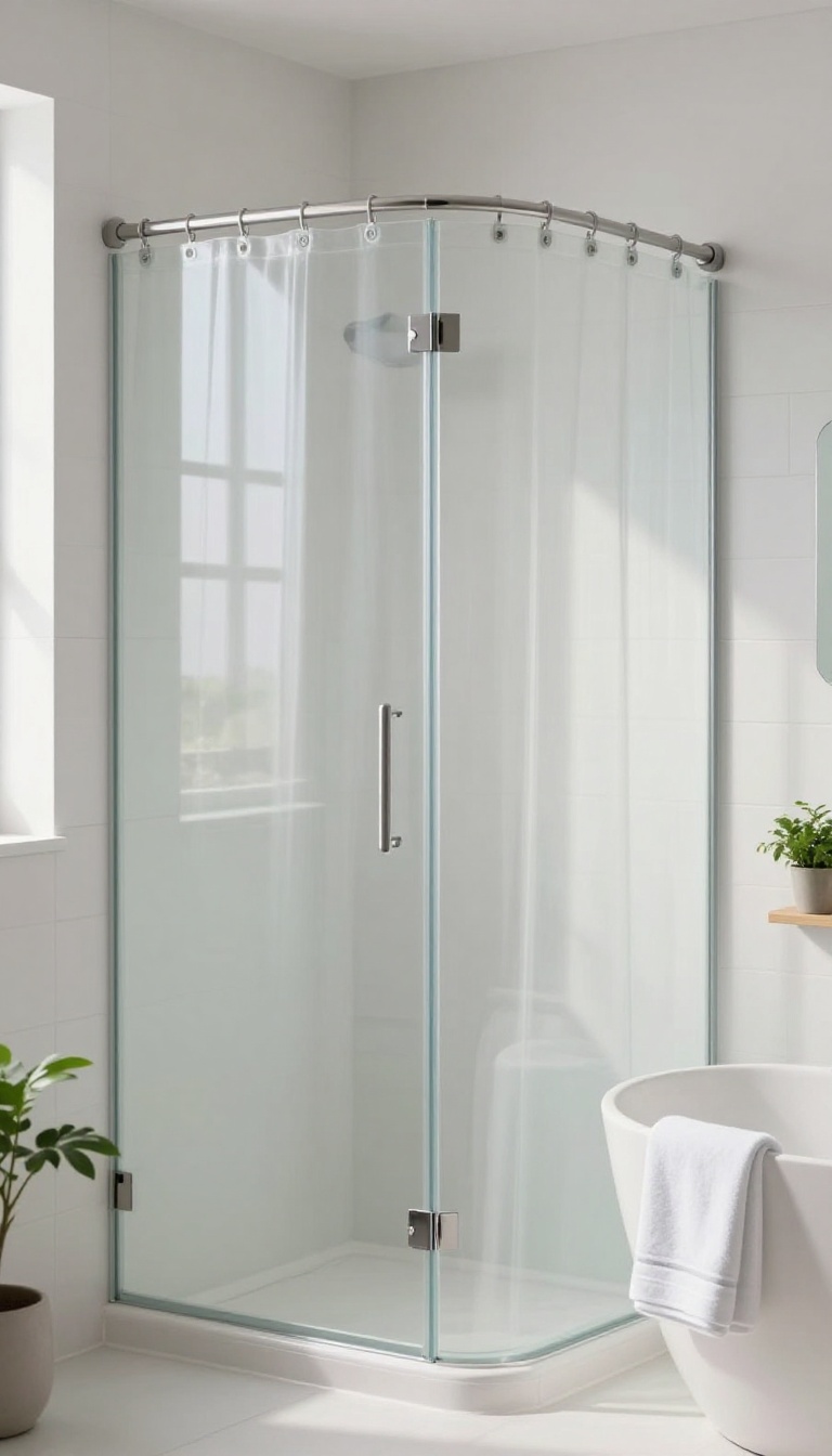 Modern bathroom with clear glass shower door and transparent vinyl curtain, bright natural light, minimalist decor