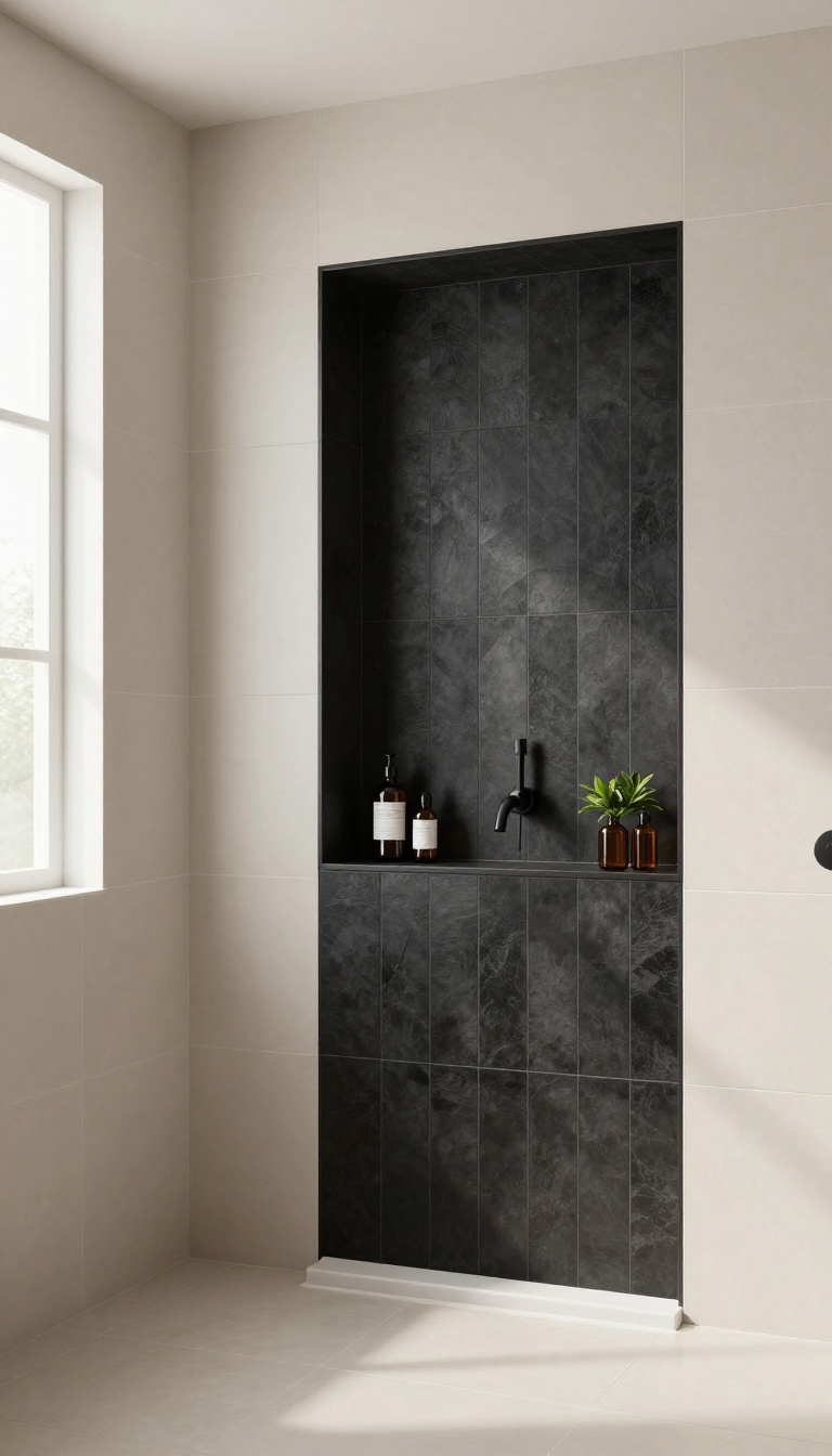 A shower niche with dark charcoal tiles contrasting against light beige walls, creating a moody focal point in a bright bathroom.