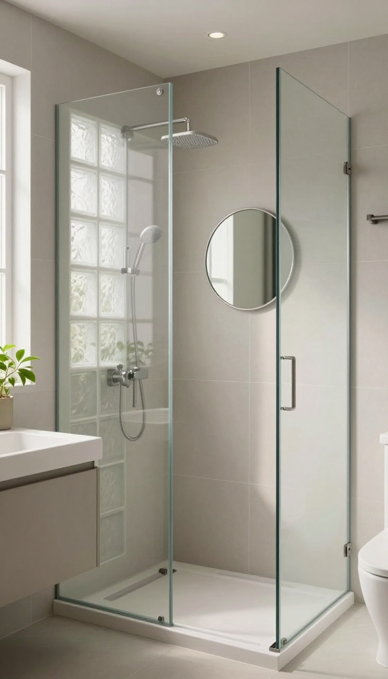 Small bathroom with a glass block shower enclosure, letting in natural light while maintaining privacy.