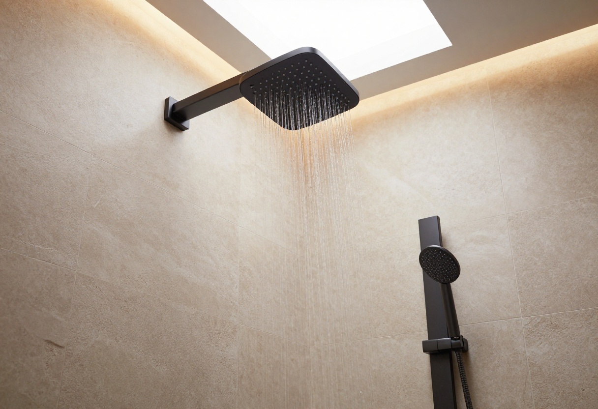 Modern bathroom with a matte black rainfall showerhead in use