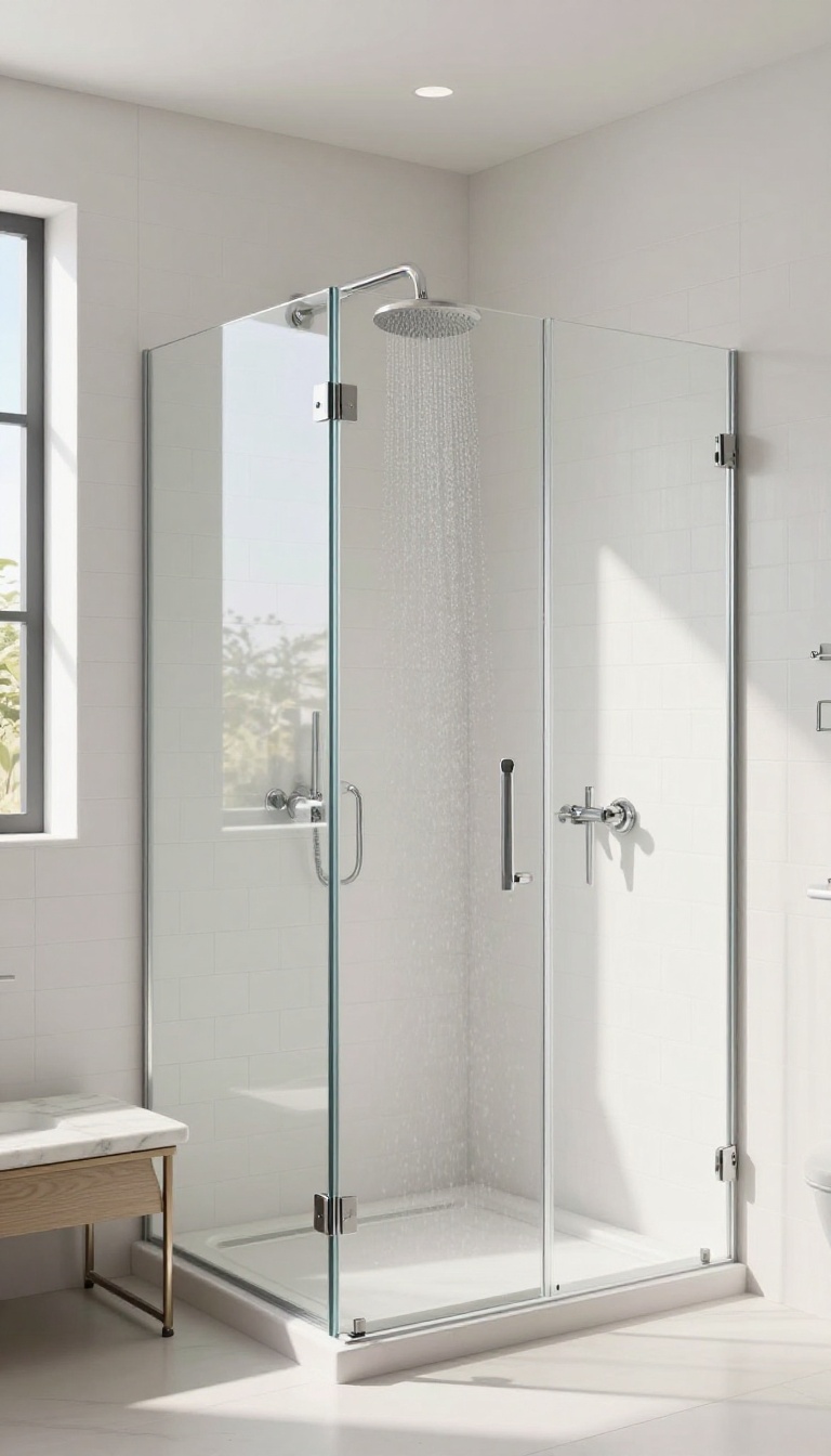 Modern bathroom with frameless glass shower door, white subway tiles, and natural light