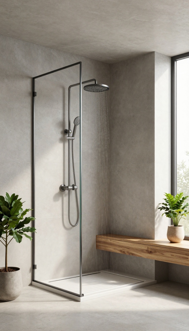 Modern shower with faux concrete ceiling and rainfall showerhead