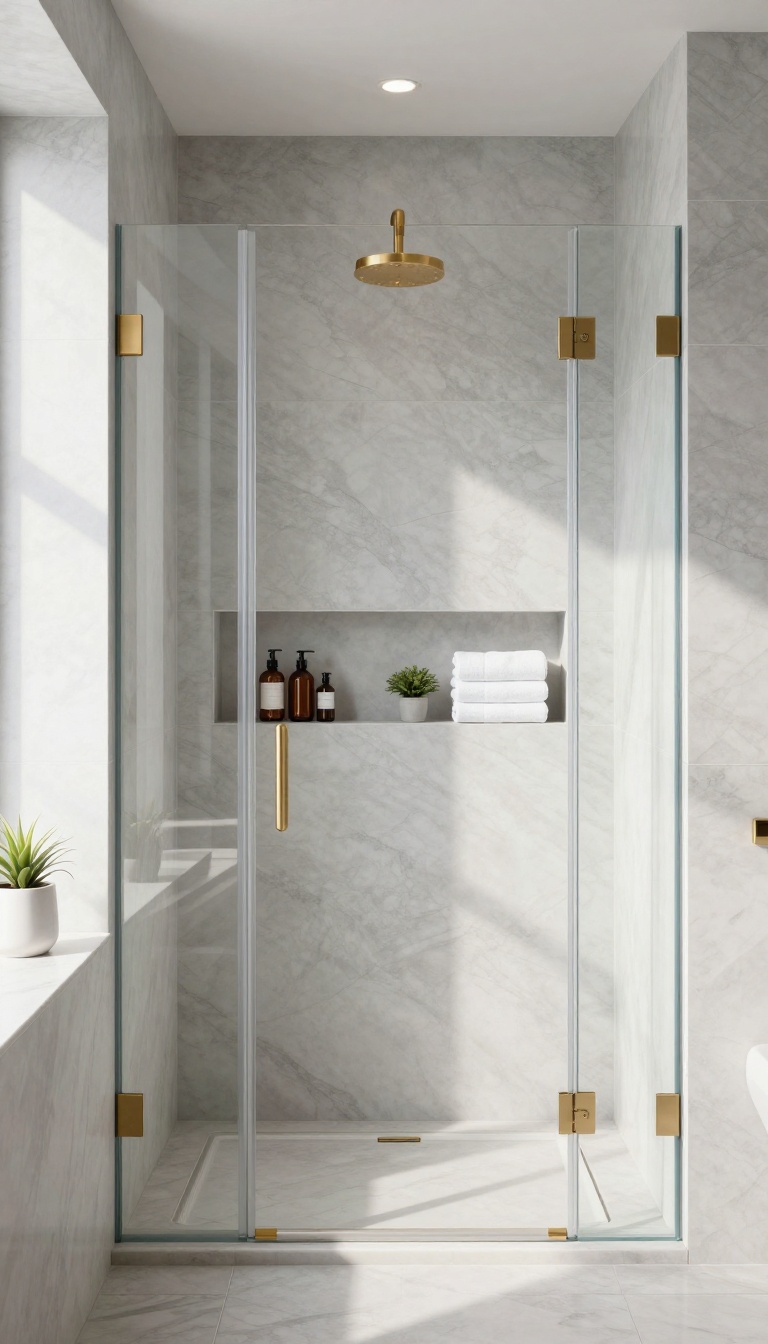Seamless built-in shower niche with neatly arranged bottles and towels in a bright, modern bathroom
