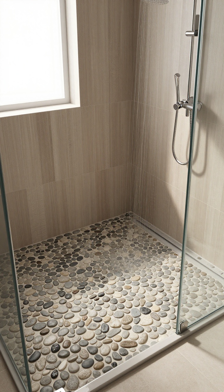 Modern shower with a full mosaic river rock floor, natural light, and wood-look tile walls