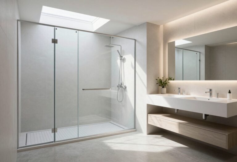 Modern no-door walk-in shower with glass panel and linear drain
