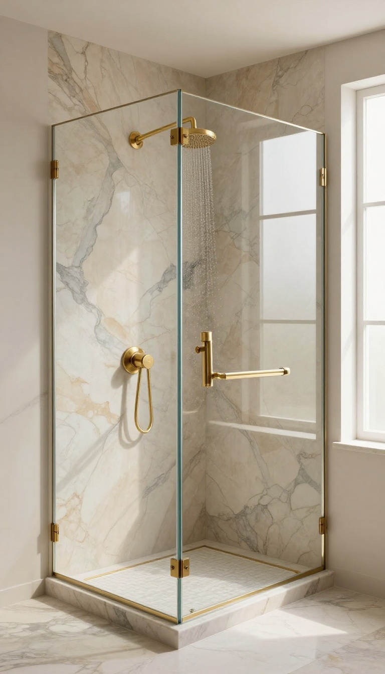 Luxurious shower with book-matched marble slabs in warm beige and gray tones