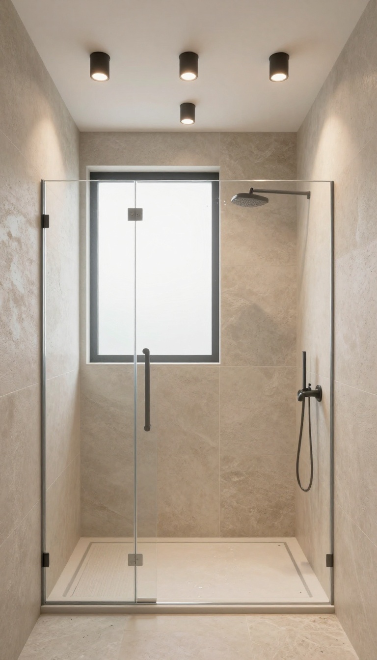 Dimmable ceiling spotlights illuminating a modern walk-in shower with warm, adjustable light
