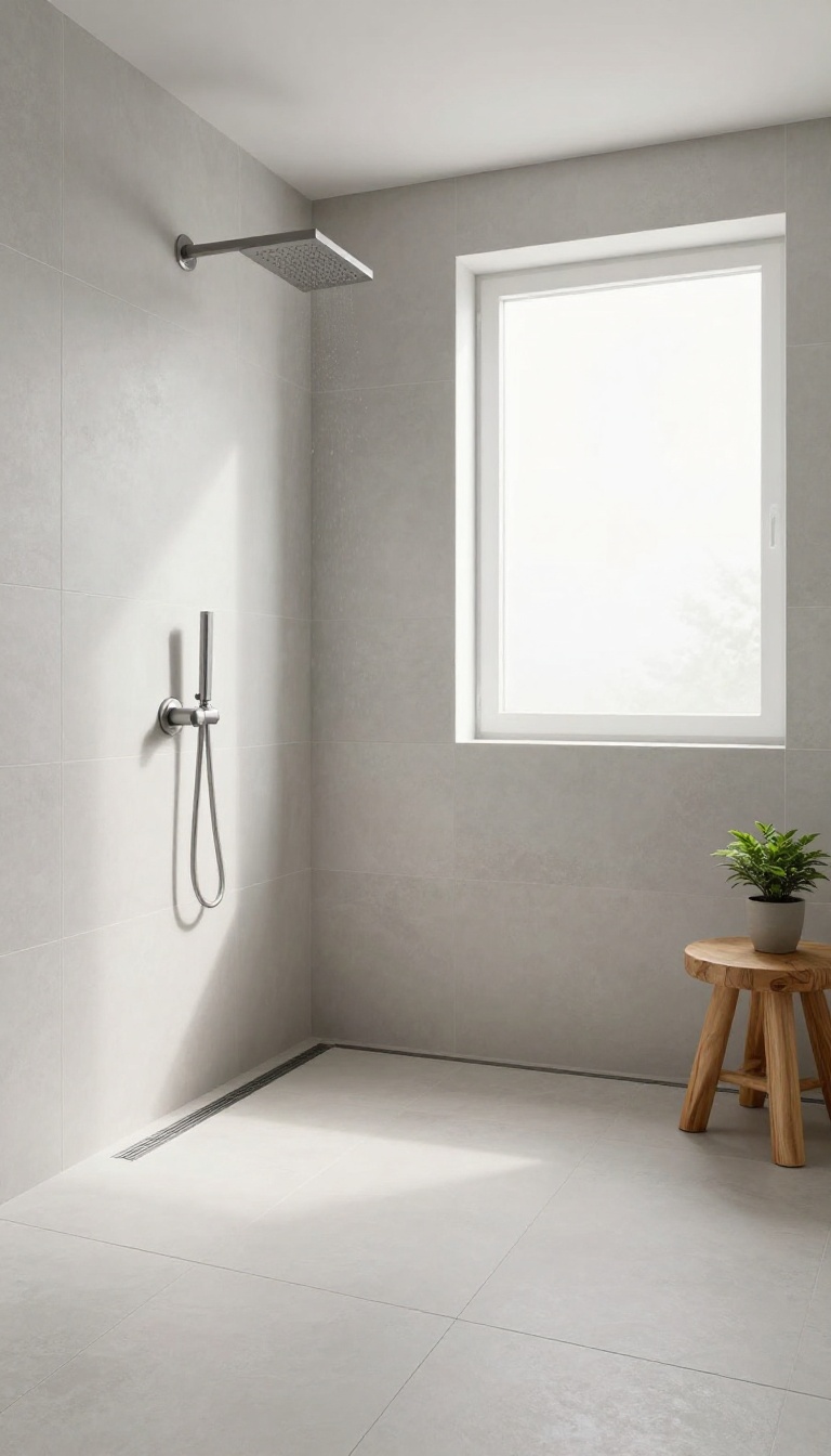 Minimalist wet room bathroom with seamless tile, linear drain, and rainfall showerhead, no door or curb.