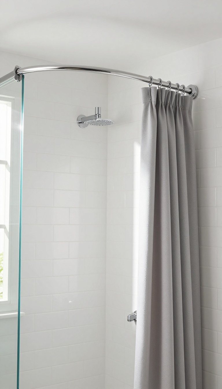 Ceiling-mounted curved shower rod in a bright bathroom, adding extra elbow room with a clean, polished look.